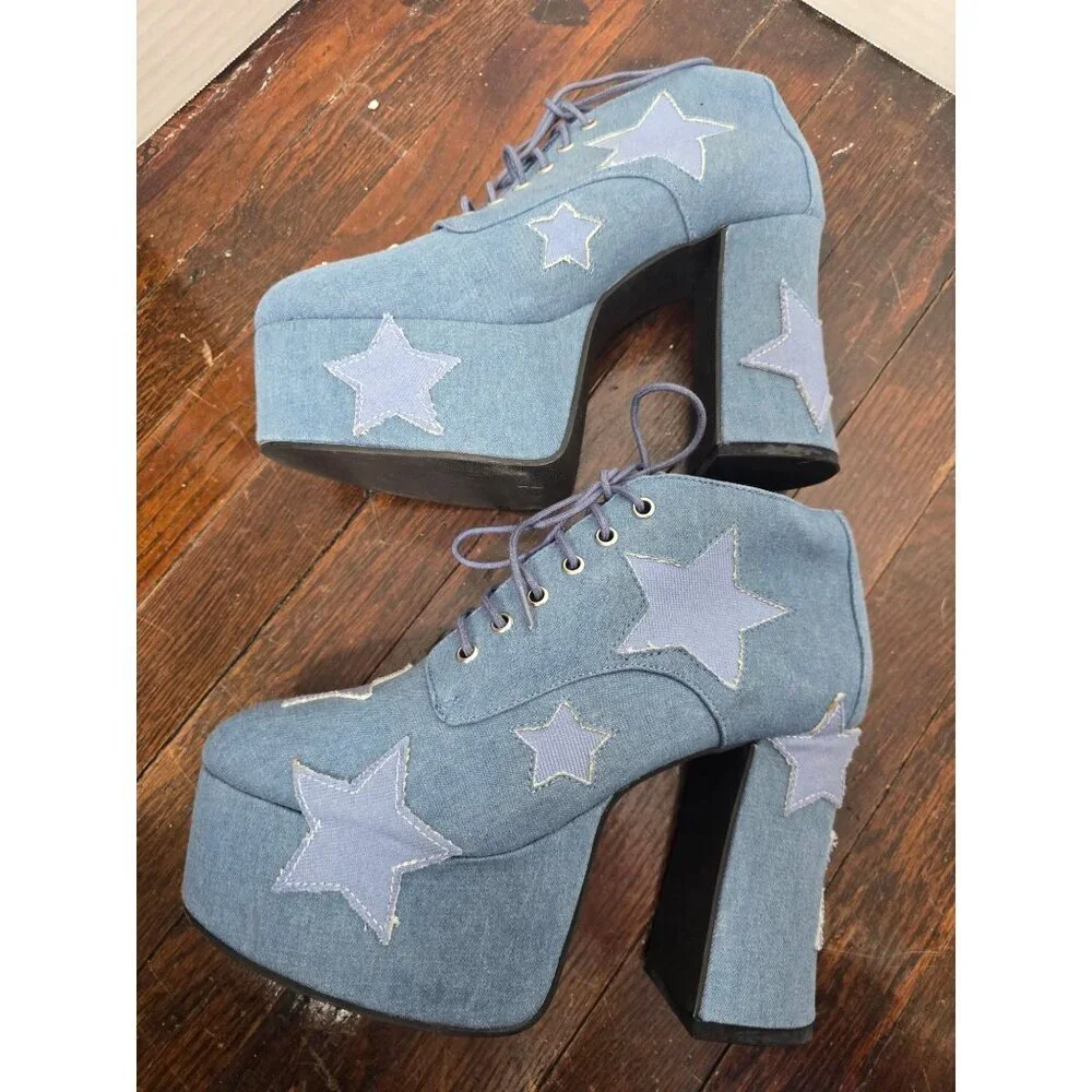 Dolls Kill Sugar Thrillz Shoot For the Stars Playhaus Platforms Denim sz 8